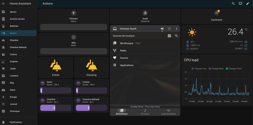 exemple de dashboard Home Assitant en mode sombre